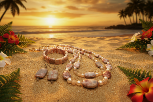 Perfect Natural Redline Marble, Sand Opal Crystals, and Druk pearl beads, Two-strands, Beaded Necklace Set-crafted by Artistry Jewelry