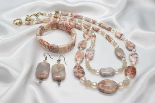 Perfect Natural Redline Marble, Sand Opal Crystals, and Druk pearl beads, Two-strands, Beaded Necklace Set-crafted by Artistry Jewelry