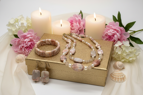 Perfect Natural Redline Marble, Sand Opal Crystals, and Druk pearl beads, Two-strands, Beaded Necklace Set-crafted by Artistry Jewelry