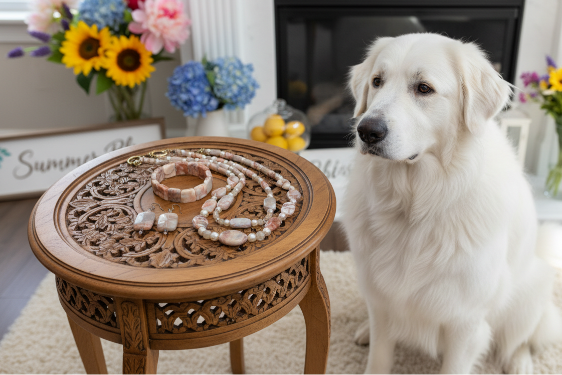 Perfect Natural Redline Marble, Sand Opal Crystals, and Druk pearl beads, Two-strands, Beaded Necklace Set-crafted by Artistry Jewelry