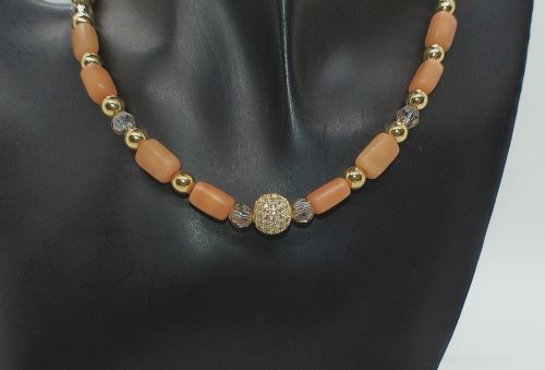 Exceptional Crystal and Buri, Peach, and Cream Beaded Necklace Set with Cubic Zirconia - handcrafted by Artistry Jewelry