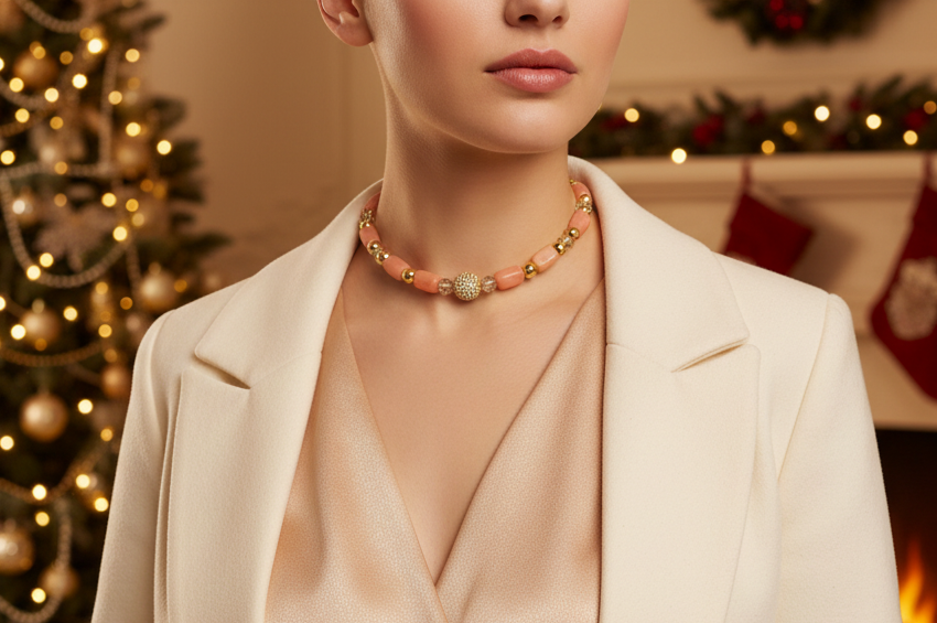Exceptional Crystal and Buri, Peach, and Cream Beaded Necklace Set with Cubic Zirconia - handcrafted by Artistry Jewelry