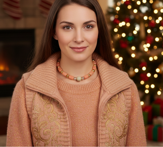 Exceptional Crystal and Buri, Peach, and Cream Beaded Necklace Set with Cubic Zirconia - handcrafted by Artistry Jewelry