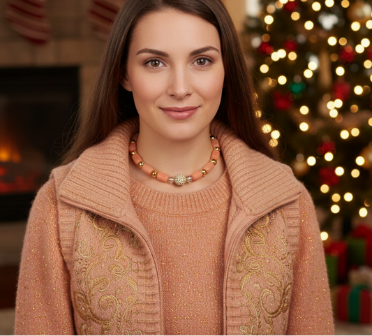Exceptional Crystal and Buri, Peach, and Cream Beaded Necklace Set with Cubic Zirconia - handcrafted by Artistry Jewelry