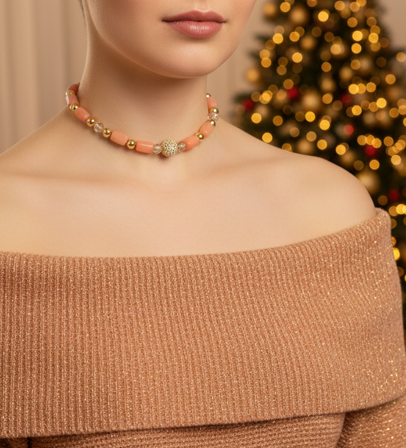 Exceptional Crystal and Buri, Peach, and Cream Beaded Necklace Set with Cubic Zirconia - handcrafted by Artistry Jewelry