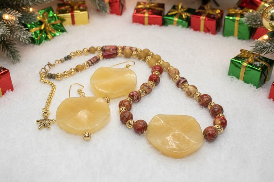 Dazzling Oranges, Tans, and Yellow Mixed Pattered Wood Beads in This Tropical Show Necklace, One-of-a-Kind-handcrafted by Artistry Jewelry
