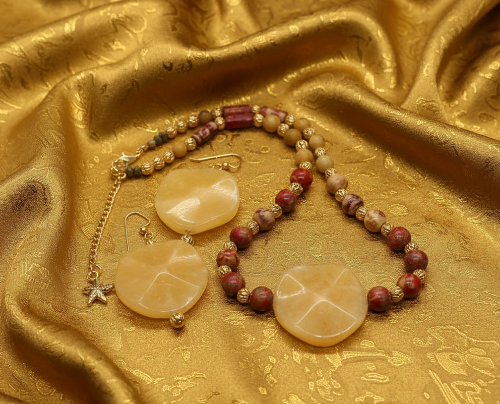 Dazzling Oranges, Tans, and Yellow Mixed Pattered Wood Beads in This Tropical Show Necklace, One-of-a-Kind-handcrafted by Artistry Jewelry