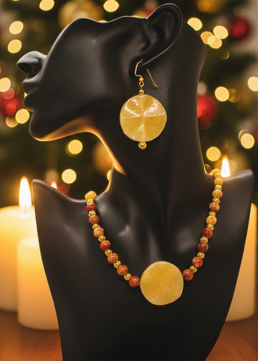 Dazzling Oranges, Tans, and Yellow Mixed Pattered Wood Beads in This Tropical Show Necklace, One-of-a-Kind-handcrafted by Artistry Jewelry