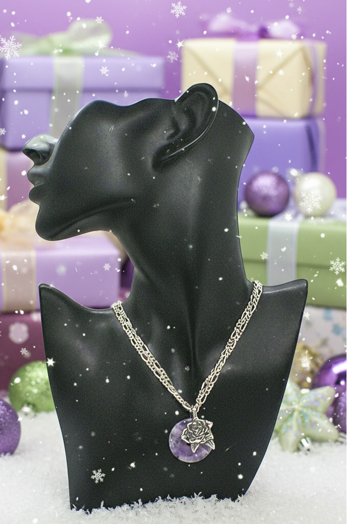 Fabulous Amethyst Stone and Sterling Silver bail, Figaro Chain Necklace