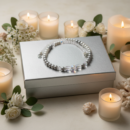 Beautiful Pearl Silver Beads with Graphic Crystals, One-of-a-Kind, Beaded Necklace - handcrafted by Artistry Jewelry
