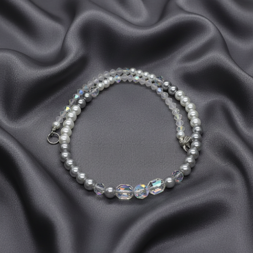 Beautiful Pearl Silver Beads with Graphic Crystals, One-of-a-Kind, Beaded Necklace - handcrafted by Artistry Jewelry