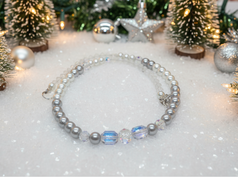 Beautiful Pearl Silver Beads with Graphic Crystals, One-of-a-Kind, Beaded Necklace - handcrafted by Artistry Jewelry
