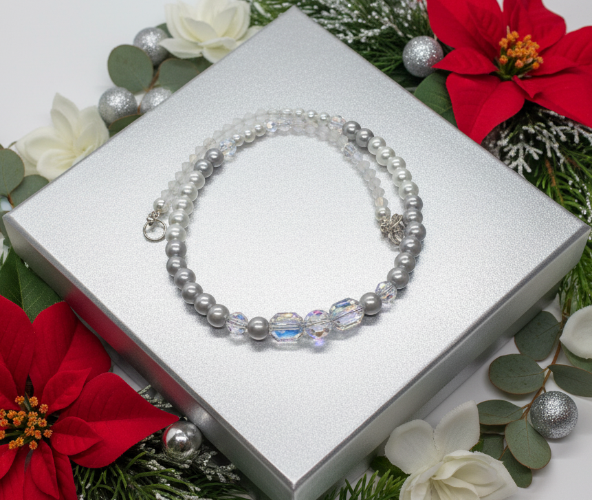 Beautiful Pearl Silver Beads with Graphic Crystals, One-of-a-Kind, Beaded Necklace - handcrafted by Artistry Jewelry
