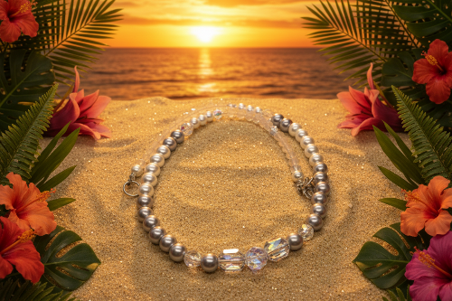 Beautiful Pearl Silver Beads with Graphic Crystals, One-of-a-Kind, Beaded Necklace - handcrafted by Artistry Jewelry