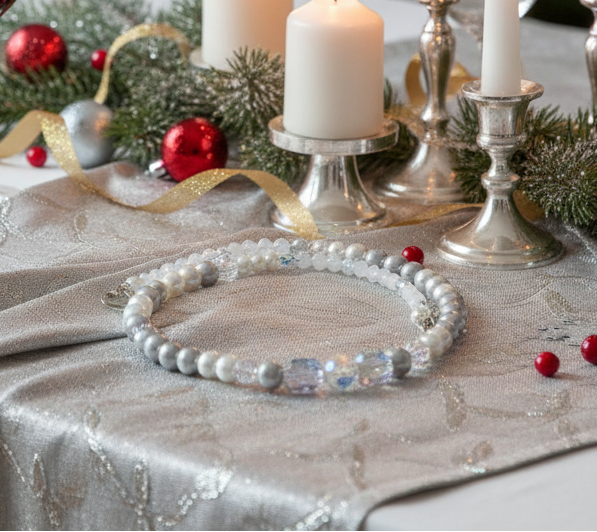 Beautiful Pearl Silver Beads with Graphic Crystals, One-of-a-Kind, Beaded Necklace - handcrafted by Artistry Jewelry