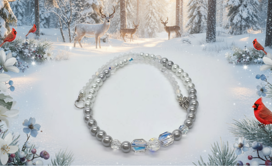 Beautiful Pearl Silver Beads with Graphic Crystals, One-of-a-Kind, Beaded Necklace - handcrafted by Artistry Jewelry