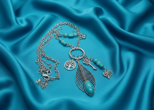 Stunning Turquoise Feather, Amazonite, Magnesite, and Tibetian Silver, Two-Strand, Chain Necklaces, One-of-a-Kind-crafted by Artistry Jewelry