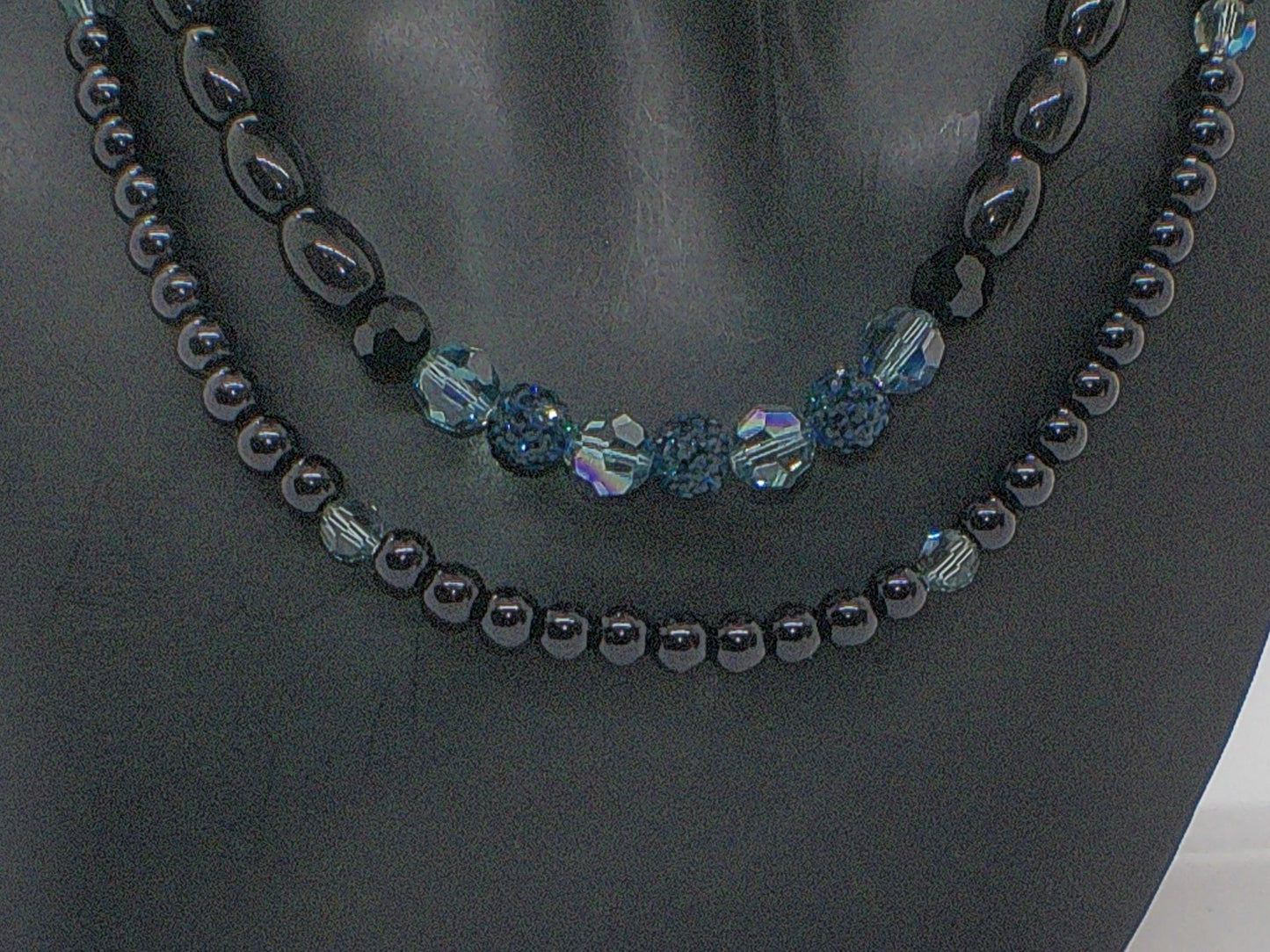 Stunning Sapphire Crystals, Black & Gray Pearl Beads, Dark BlueCzech PAVE Balls, Beaded Necklace - handcrafted by Artistry Jewelry