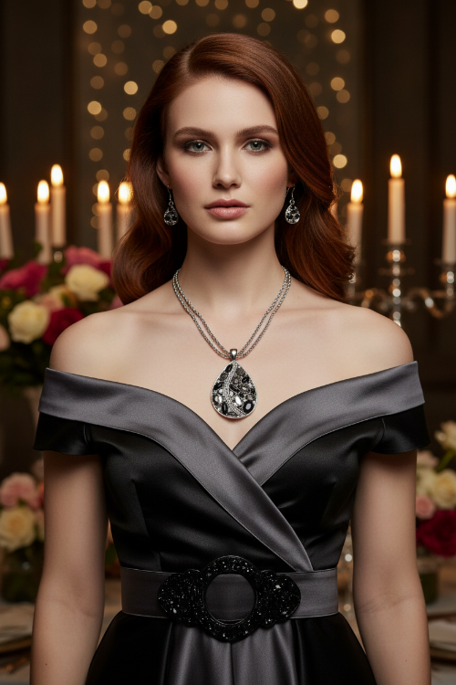 Beautiful Black, Silver, and Gray, Rhinestone, Teardrop, Double Chain Necklace Set- by Artistry Jewelry