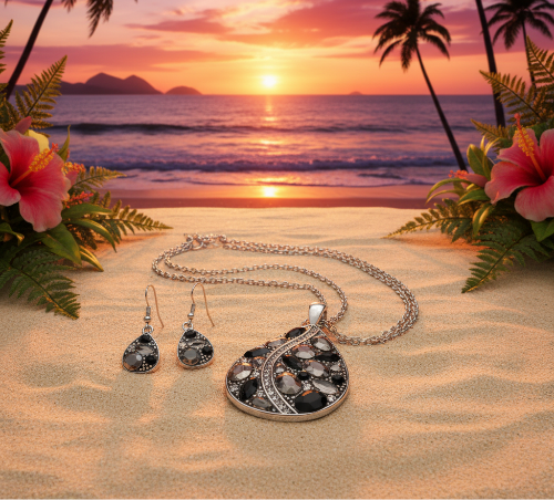 Beautiful Black, Silver, and Gray, Rhinestone, Teardrop, Double Chain Necklace Set- by Artistry Jewelry