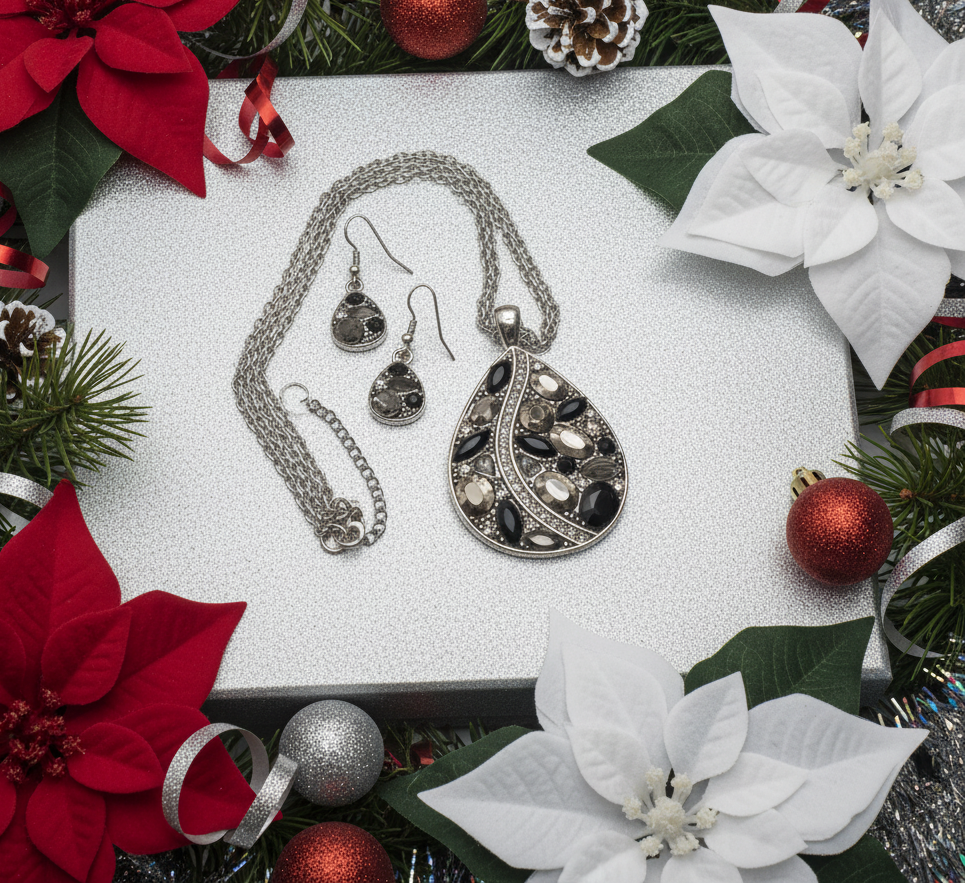 Beautiful Black, Silver, and Gray, Rhinestone, Teardrop, Double Chain Necklace Set- by Artistry Jewelry