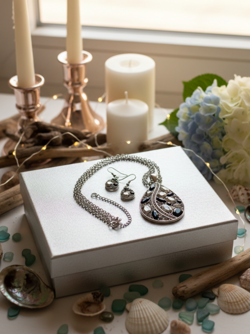 Beautiful Black, Silver, and Gray, Rhinestone, Teardrop, Double Chain Necklace Set- by Artistry Jewelry