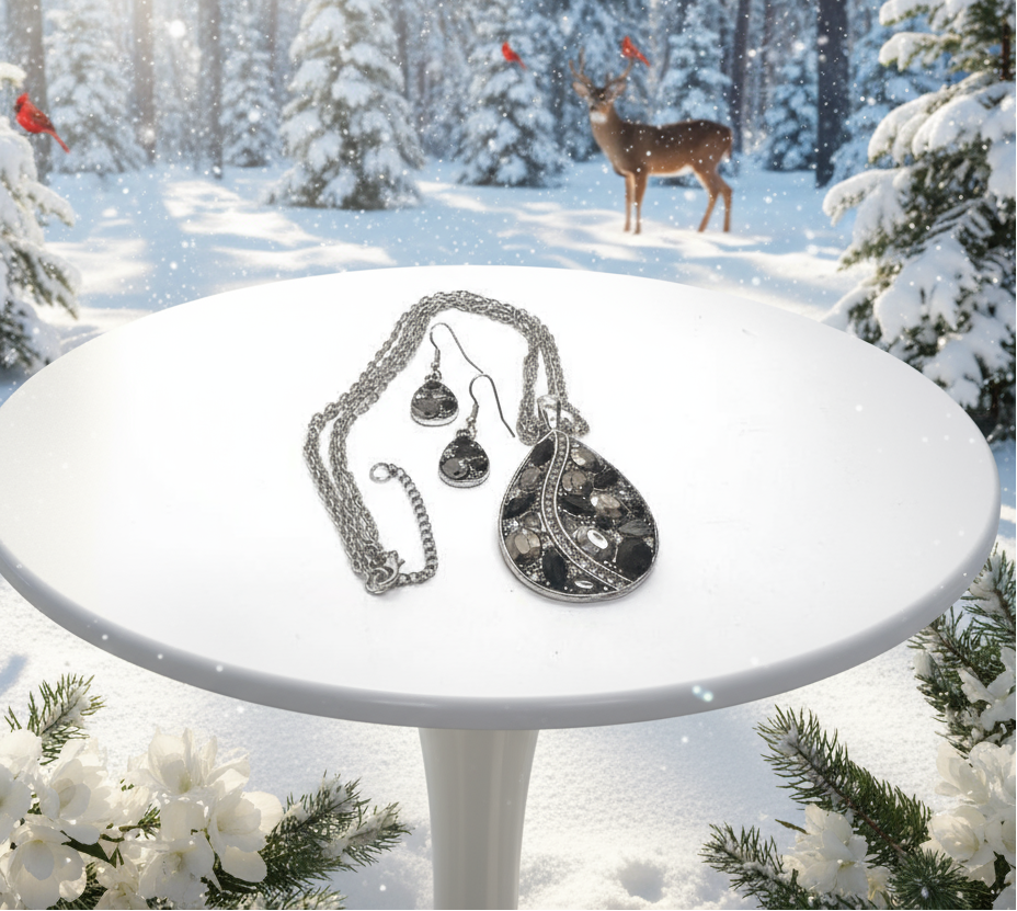 Beautiful Black, Silver, and Gray, Rhinestone, Teardrop, Double Chain Necklace Set- by Artistry Jewelry