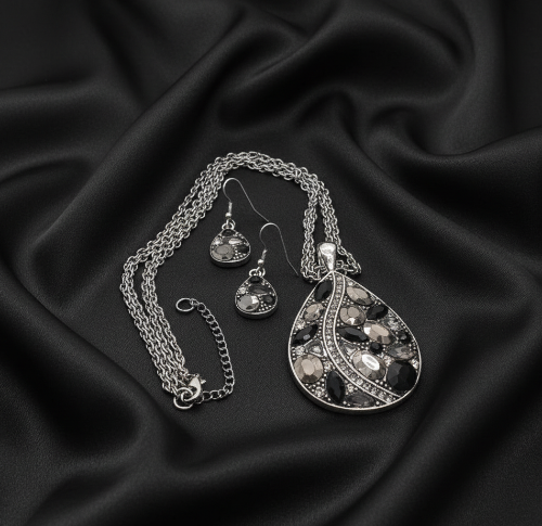 Beautiful Black, Silver, and Gray, Rhinestone, Teardrop, Double Chain Necklace Set- by Artistry Jewelry
