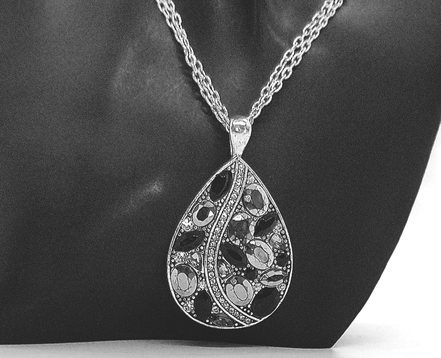 Beautiful Black, Silver, and Gray, Rhinestone, Teardrop, Double Chain Necklace Set- by Artistry Jewelry