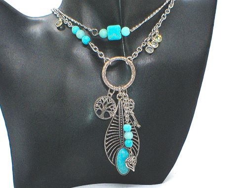 Stunning Turquoise Feather, Amazonite, Magnesite, and Tibetian Silver, Two-Strand, Chain Necklaces, One-of-a-Kind-crafted by Artistry Jewelry