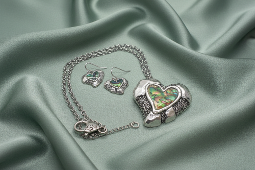 Lovely Abalone Heart Pendant, Silver Rolo Chain Necklace with Matching Earrings-by Artistry Jewelry