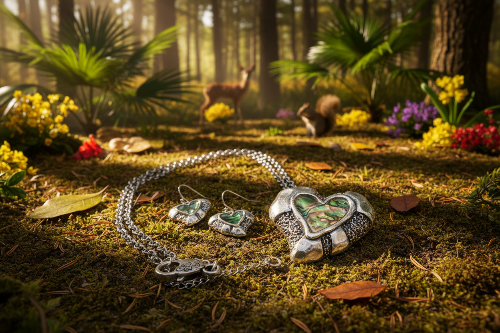 Lovely Abalone Heart Pendant, Silver Rolo Chain Necklace with Matching Earrings-by Artistry Jewelry