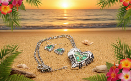 Lovely Abalone Heart Pendant, Silver Rolo Chain Necklace with Matching Earrings-by Artistry Jewelry
