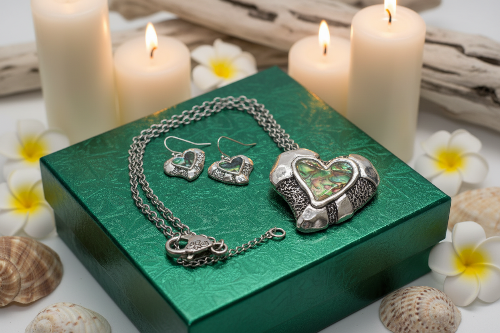 Lovely Abalone Heart Pendant, Silver Rolo Chain Necklace with Matching Earrings-by Artistry Jewelry