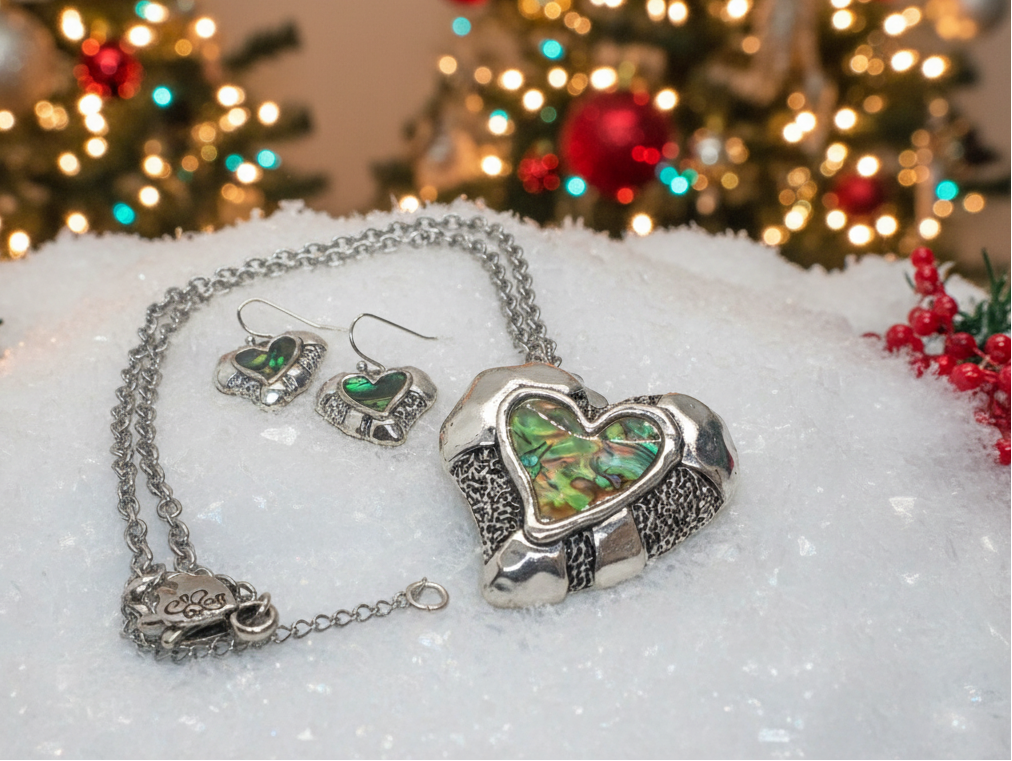 Lovely Abalone Heart Pendant, Silver Rolo Chain Necklace with Matching Earrings-by Artistry Jewelry