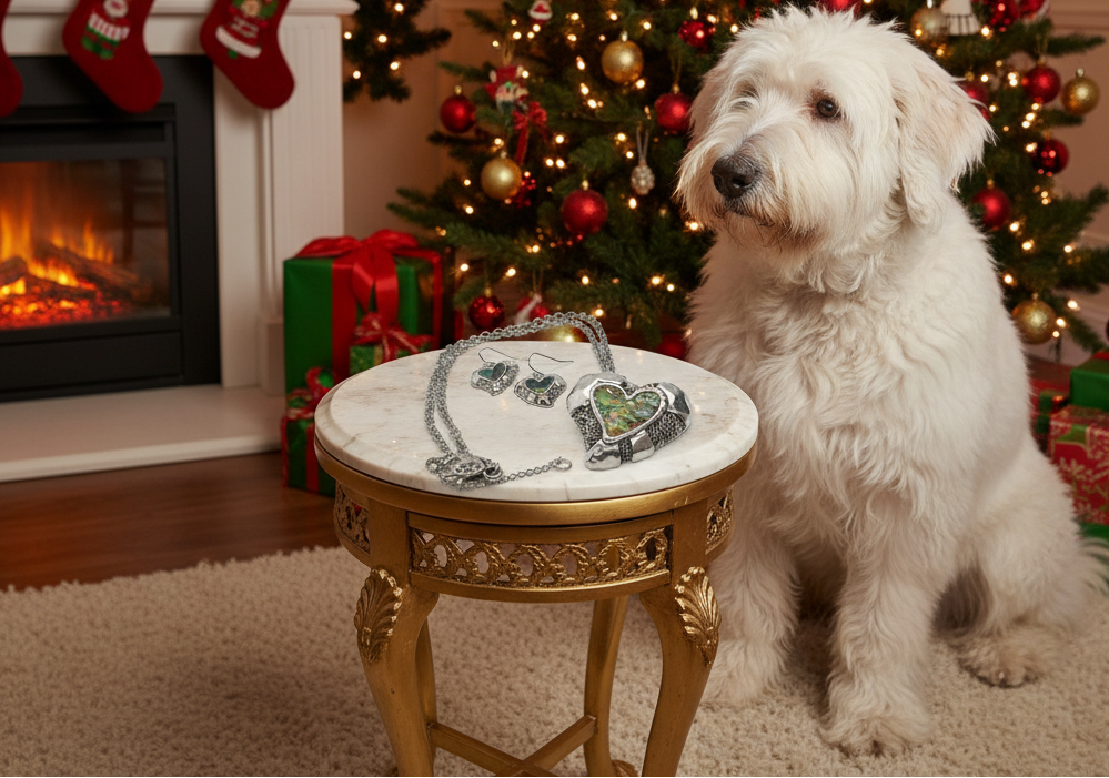 Lovely Abalone Heart Pendant, Silver Rolo Chain Necklace with Matching Earrings-by Artistry Jewelry