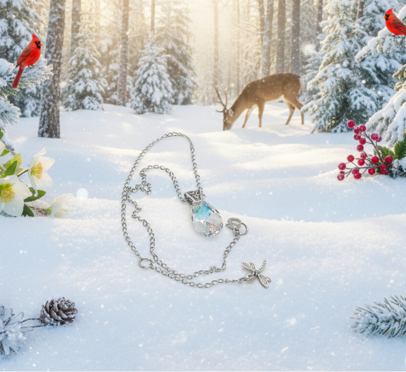 A  Beautiful Teardrop Crystal and Stainless Steel Chain Necklace, One-of-a-Kind-handcrafted by Artistry Jewelry