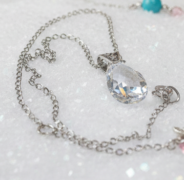 A  Beautiful Teardrop Crystal and Stainless Steel Chain Necklace, One-of-a-Kind-handcrafted by Artistry Jewelry