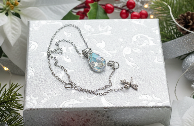 A  Beautiful Teardrop Crystal and Stainless Steel Chain Necklace, One-of-a-Kind-handcrafted by Artistry Jewelry