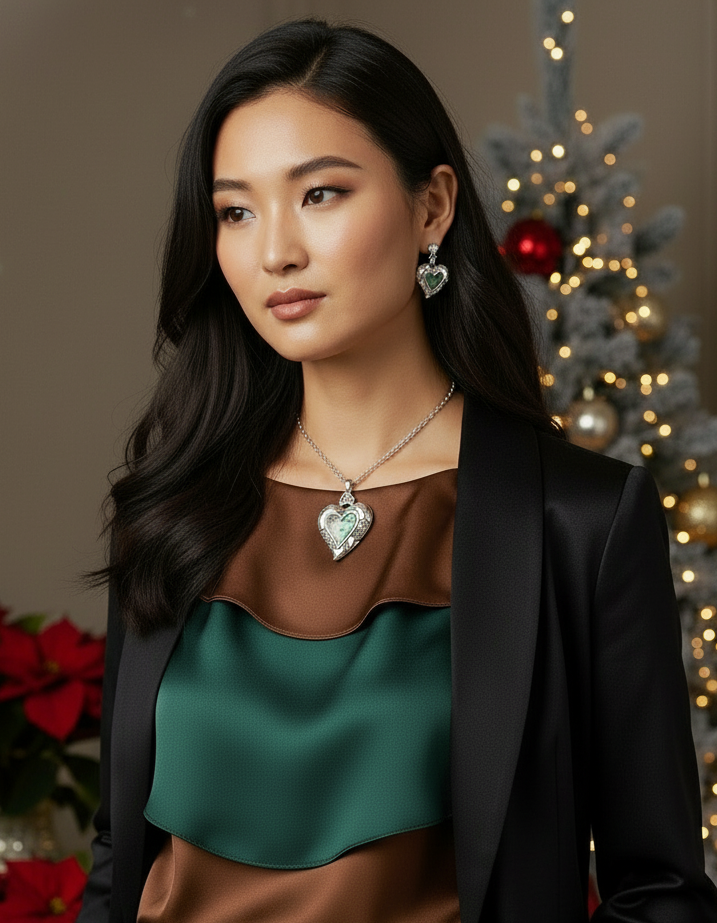 Lovely Abalone Heart Pendant, Silver Rolo Chain Necklace with Matching Earrings-by Artistry Jewelry