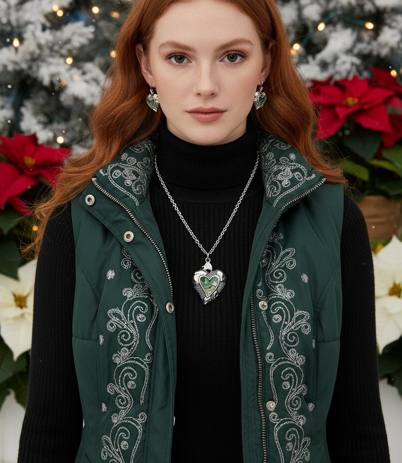 Lovely Abalone Heart Pendant, Silver Rolo Chain Necklace with Matching Earrings-by Artistry Jewelry