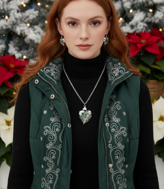 Lovely Abalone Heart Pendant, Silver Rolo Chain Necklace with Matching Earrings-by Artistry Jewelry