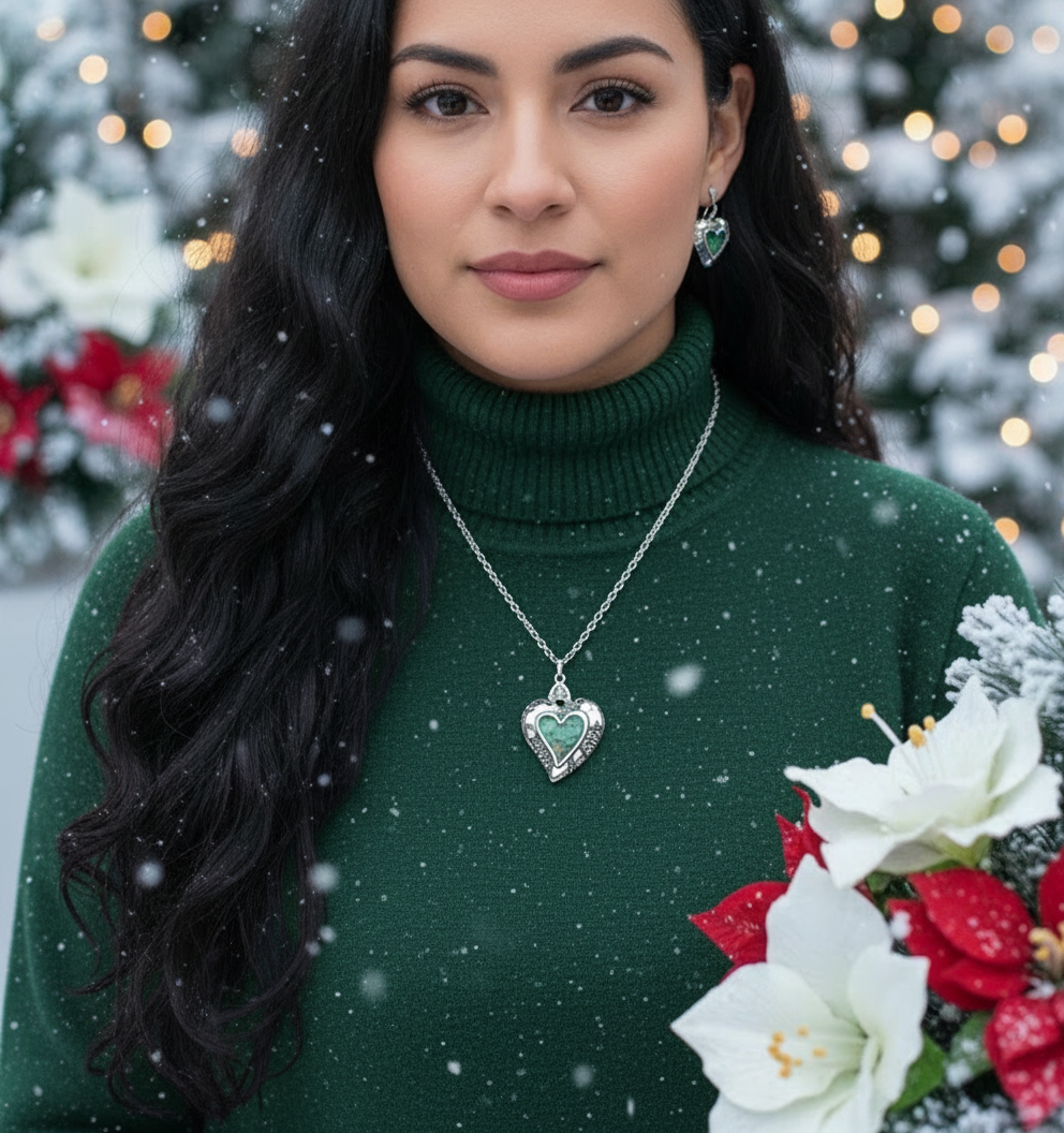 Lovely Abalone Heart Pendant, Silver Rolo Chain Necklace with Matching Earrings-by Artistry Jewelry