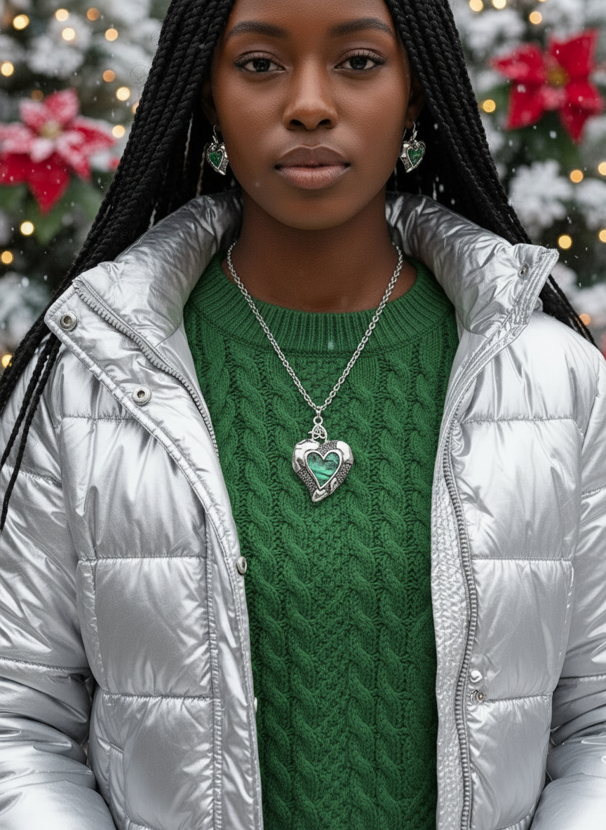 Lovely Abalone Heart Pendant, Silver Rolo Chain Necklace with Matching Earrings-by Artistry Jewelry