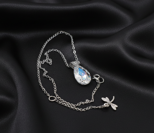 A  Beautiful Teardrop Crystal and Stainless Steel Chain Necklace, One-of-a-Kind-handcrafted by Artistry Jewelry