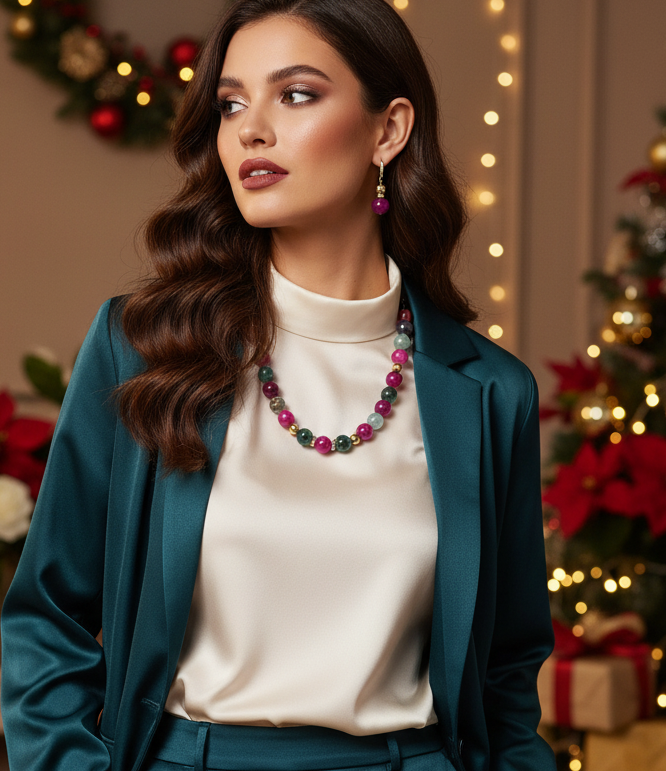 Stunning Natural Berry Tourmaline, Olive Quartz, and Gold Hematite, One-of-a-Kind, Beaded Necklace Set-handcrafted by Artistry Jewelry