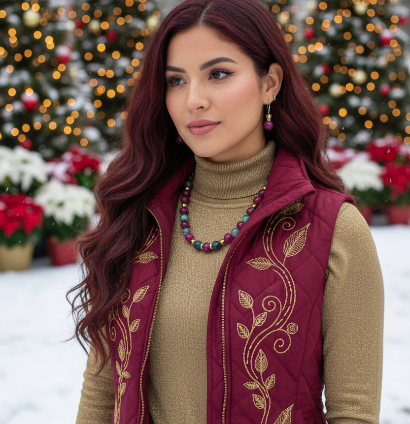 Stunning Natural Berry Tourmaline, Olive Quartz, and Gold Hematite, One-of-a-Kind, Beaded Necklace Set-handcrafted by Artistry Jewelry