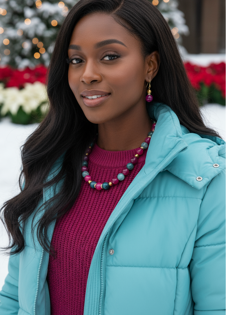 Stunning Natural Berry Tourmaline, Olive Quartz, and Gold Hematite, One-of-a-Kind, Beaded Necklace Set-handcrafted by Artistry Jewelry