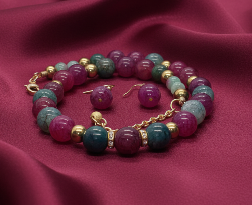 Stunning Natural Berry Tourmaline, Olive Quartz, and Gold Hematite, One-of-a-Kind, Beaded Necklace Set-handcrafted by Artistry Jewelry
