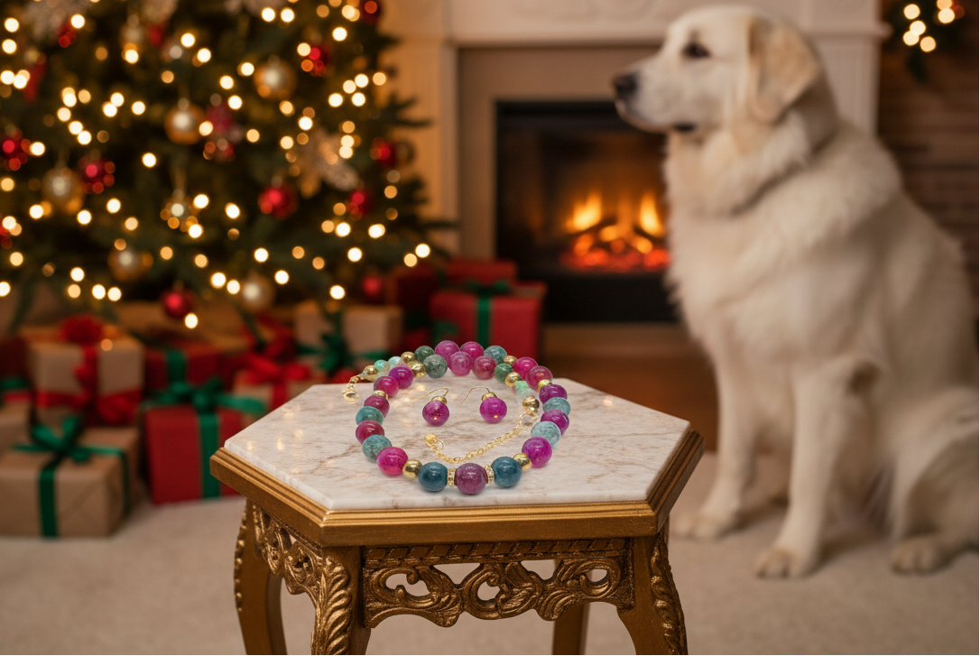 Stunning Natural Berry Tourmaline, Olive Quartz, and Gold Hematite, One-of-a-Kind, Beaded Necklace Set-handcrafted by Artistry Jewelry